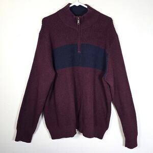 J Crew Cotton Waffle Half Zip Sweater Men's XXL Burgundy Navy Stripe Fisherman
